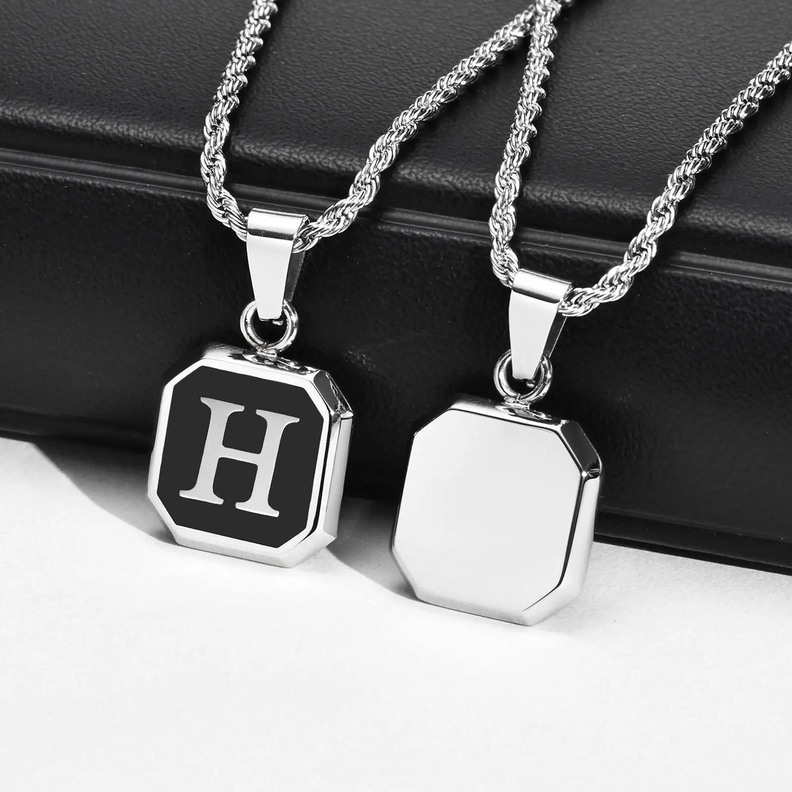Christmas Gifts for Men Initial Necklace Stainless Steel Letter A-Z for Men Boys Women Square Pendant Jewelry Birthday Gifts