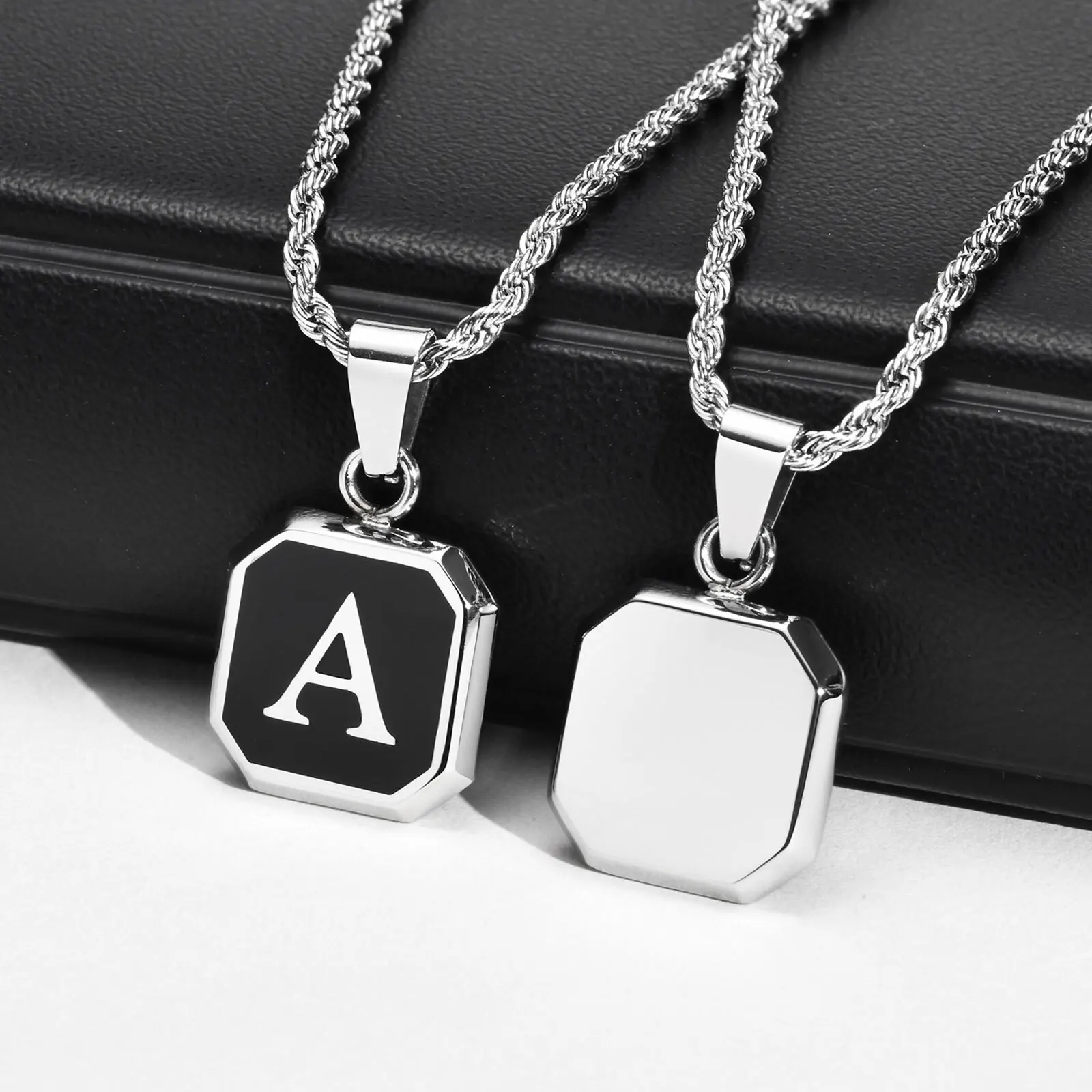Christmas Gifts for Men Initial Necklace Stainless Steel Letter A-Z for Men Boys Women Square Pendant Jewelry Birthday Gifts