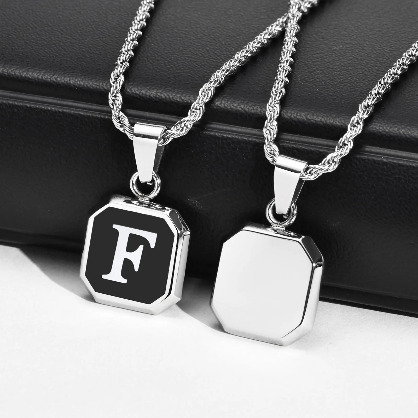 Christmas Gifts for Men Initial Necklace Stainless Steel Letter A-Z for Men Boys Women Square Pendant Jewelry Birthday Gifts