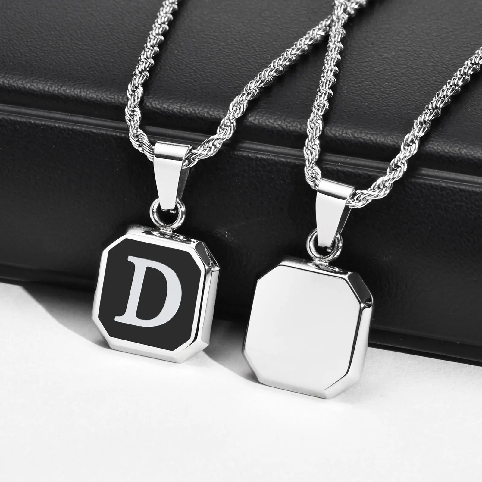 Christmas Gifts for Men Initial Necklace Stainless Steel Letter A-Z for Men Boys Women Square Pendant Jewelry Birthday Gifts