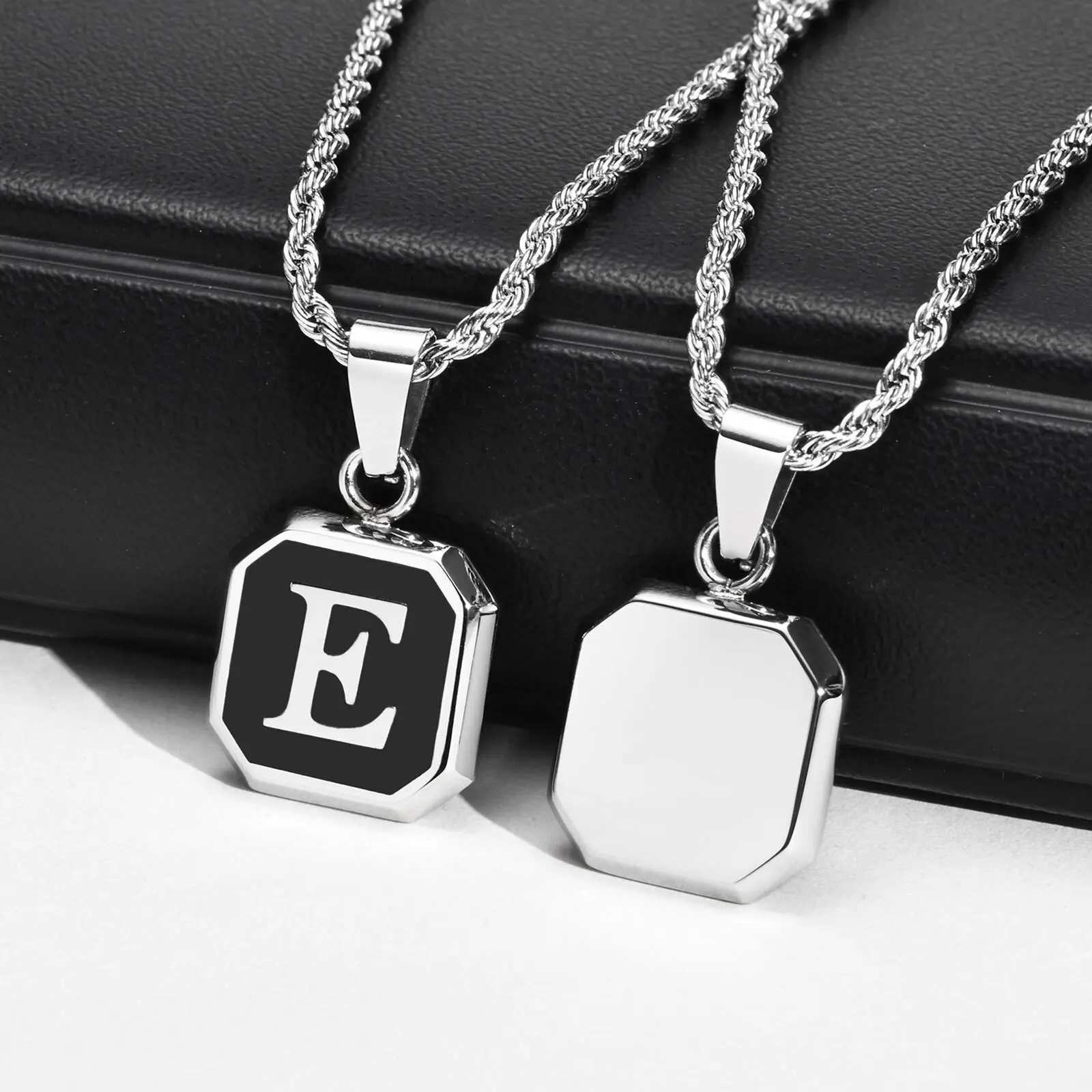 Christmas Gifts for Men Initial Necklace Stainless Steel Letter A-Z for Men Boys Women Square Pendant Jewelry Birthday Gifts