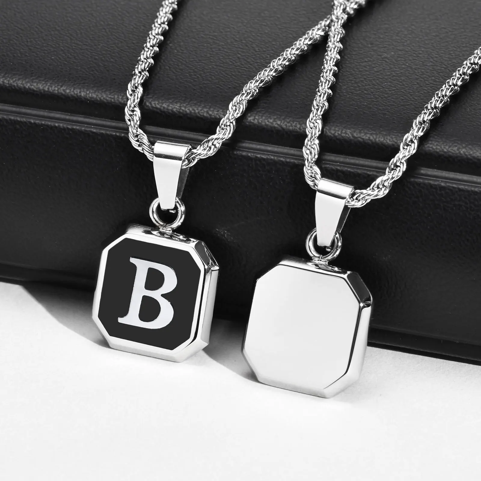 Christmas Gifts for Men Initial Necklace Stainless Steel Letter A-Z for Men Boys Women Square Pendant Jewelry Birthday Gifts