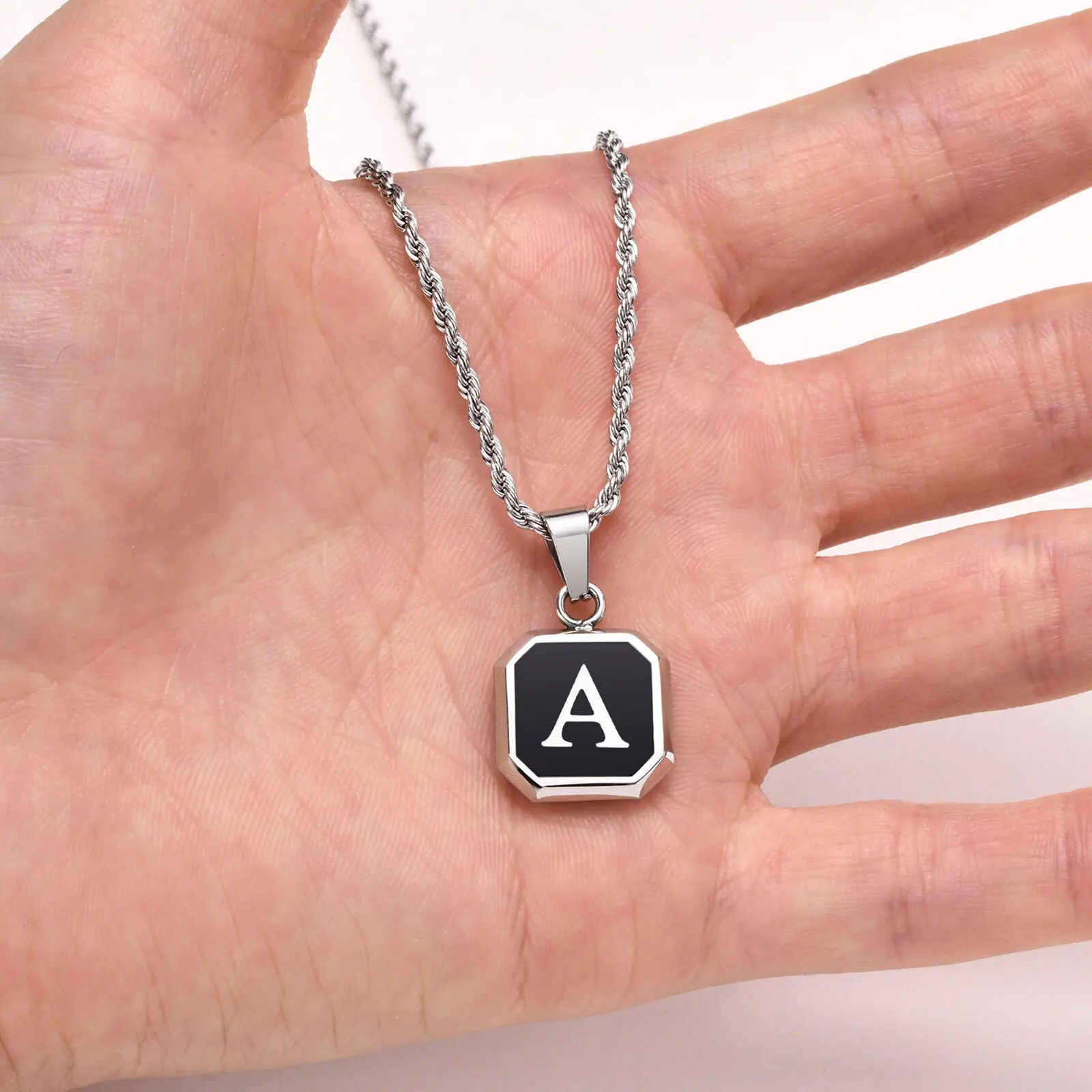 Christmas Gifts for Men Initial Necklace Stainless Steel Letter A-Z for Men Boys Women Square Pendant Jewelry Birthday Gifts