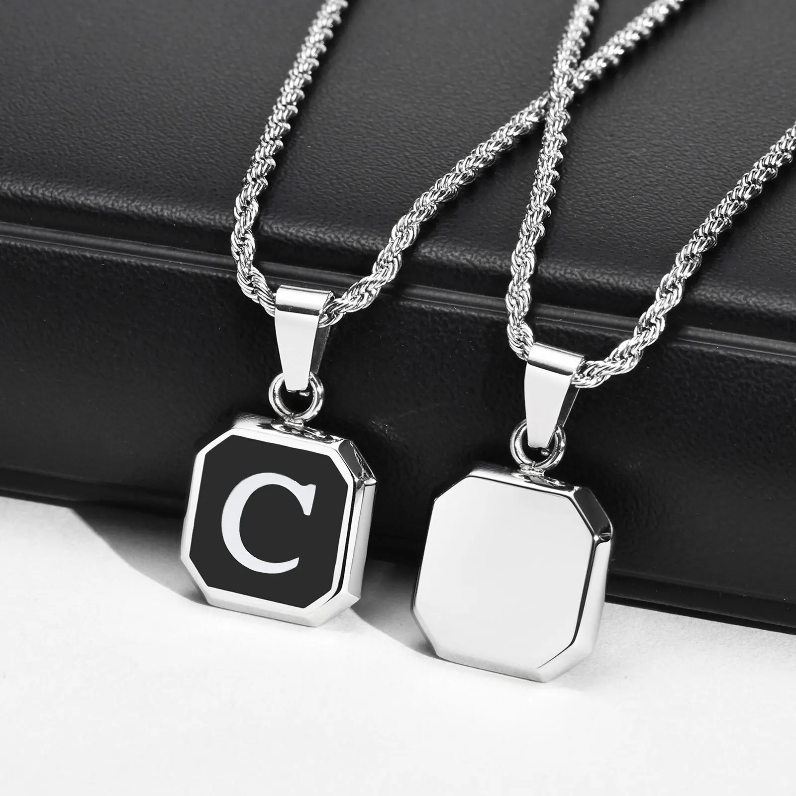 Christmas Gifts for Men Initial Necklace Stainless Steel Letter A-Z for Men Boys Women Square Pendant Jewelry Birthday Gifts