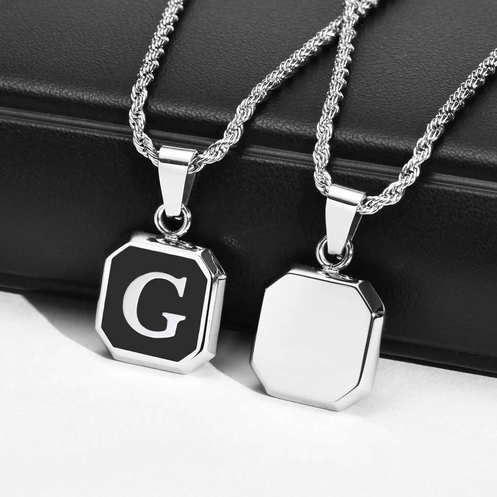 Christmas Gifts for Men Initial Necklace Stainless Steel Letter A-Z for Men Boys Women Square Pendant Jewelry Birthday Gifts