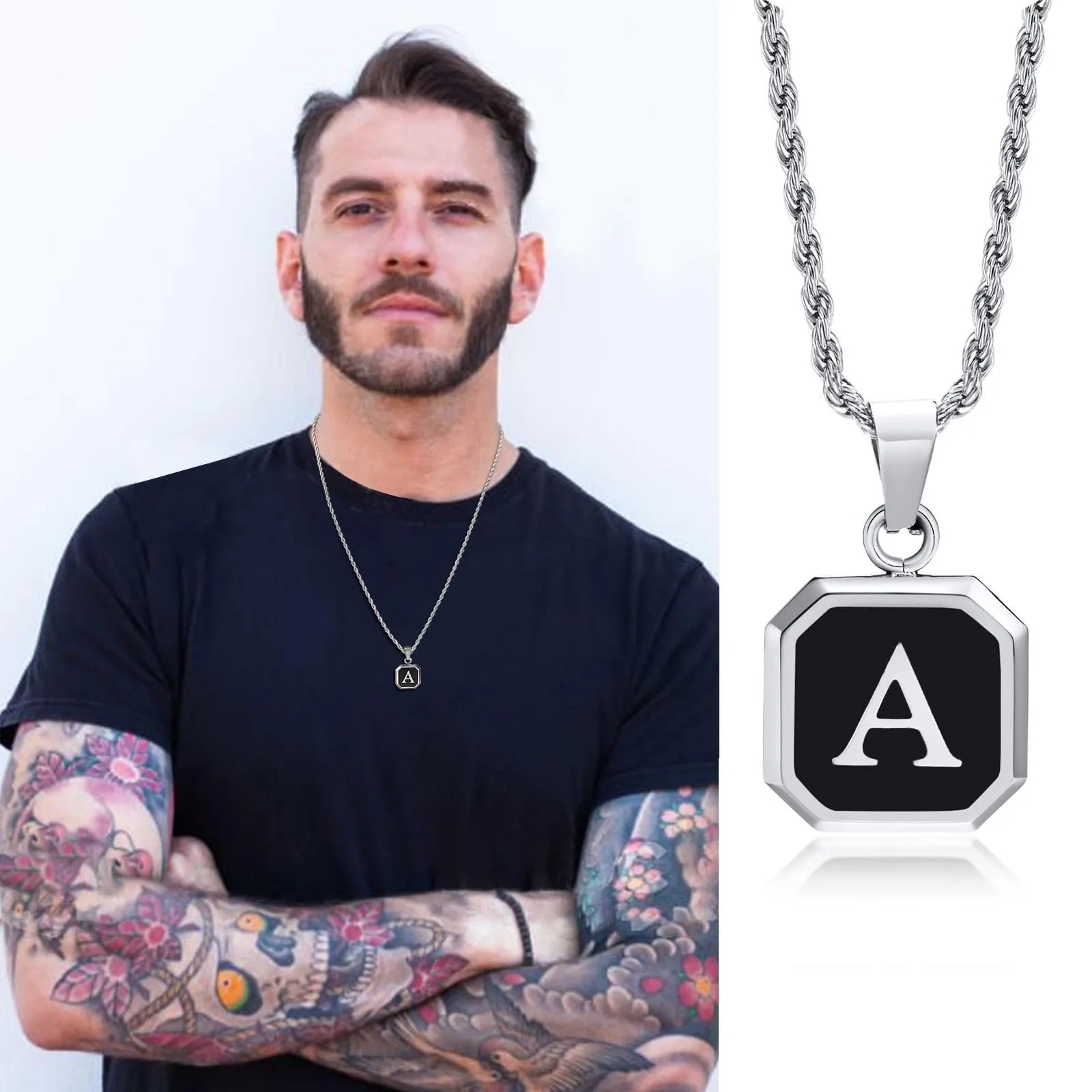 Christmas Gifts for Men Initial Necklace Stainless Steel Letter A-Z for Men Boys Women Square Pendant Jewelry Birthday Gifts