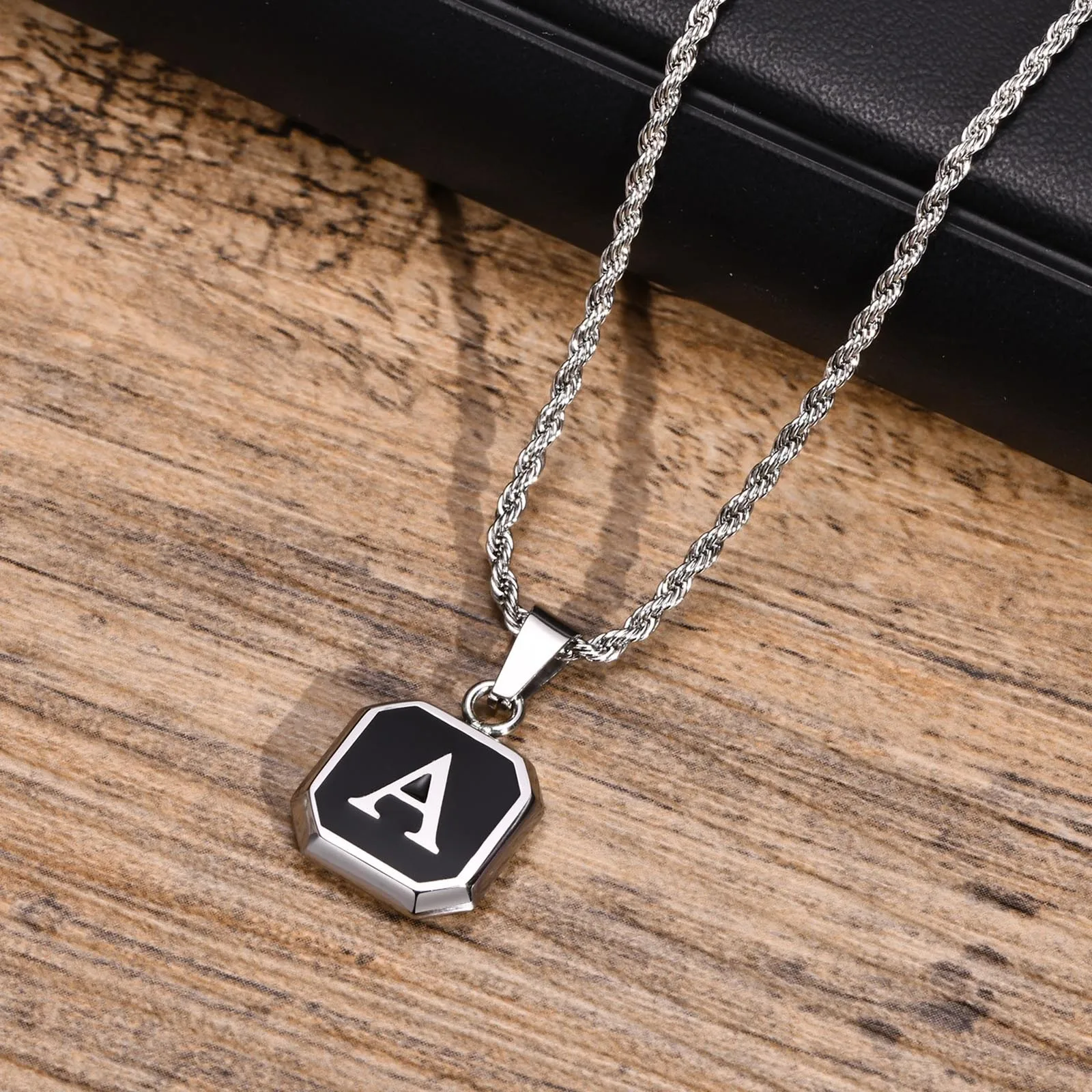 Christmas Gifts for Men Initial Necklace Stainless Steel Letter A-Z for Men Boys Women Square Pendant Jewelry Birthday Gifts