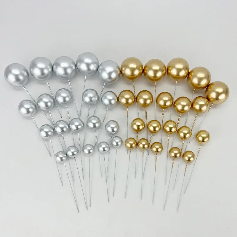 20Pcs Cake Topper Gold Silver Ball Happy Birthday Cake Topper DIY Cupcake Flag Wedding Christmas Ball Decor Birthday Decoration