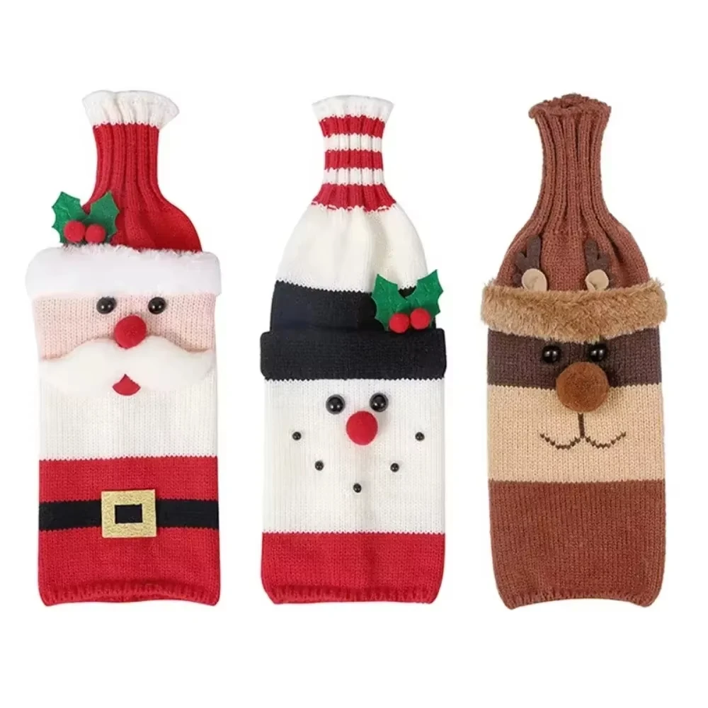 Christmas Wine Bottle Cover Set Santa Snowman Woven Wine Bottle Bags for Christmas Party Dinner Table Decorations New Year Gifts