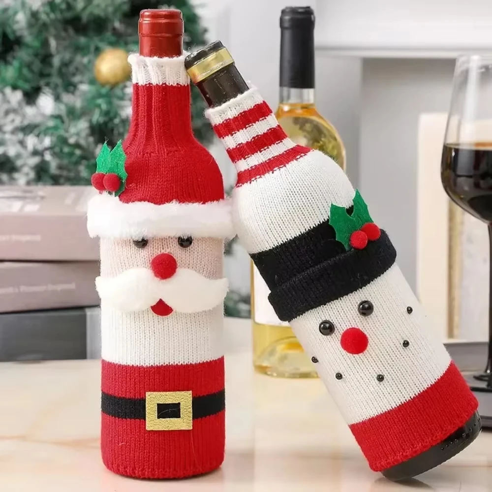 Christmas Wine Bottle Cover Set Santa Snowman Woven Wine Bottle Bags for Christmas Party Dinner Table Decorations New Year Gifts
