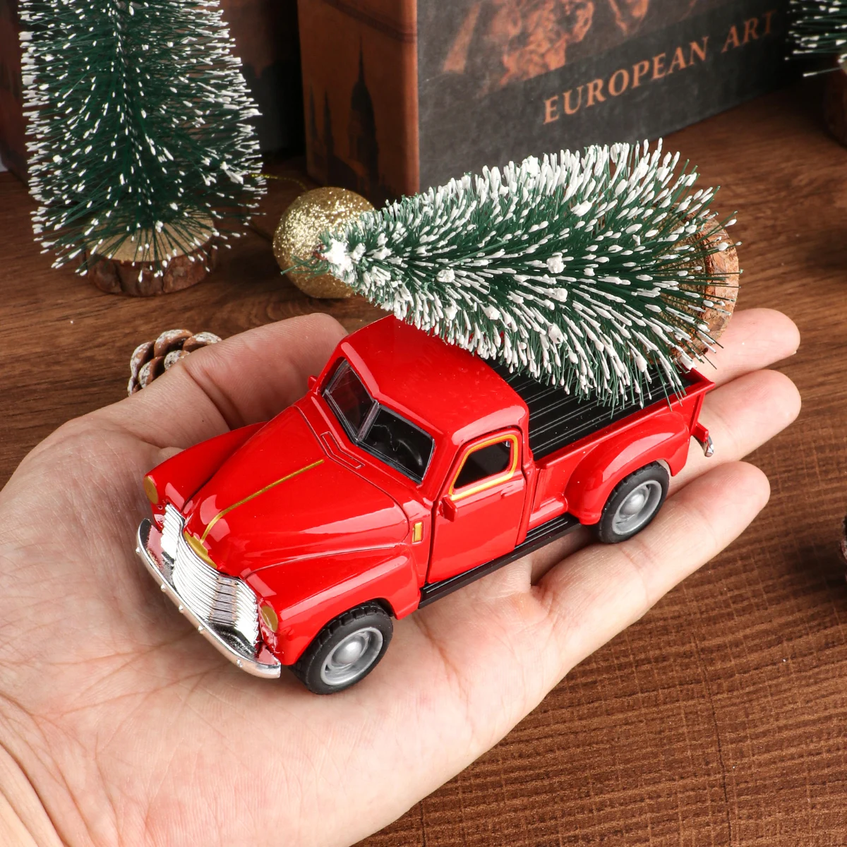 Mini truck+Christmas tree 2-piece ornament set; a good thing for home atmosphere decoration; living room and office desk ornamen