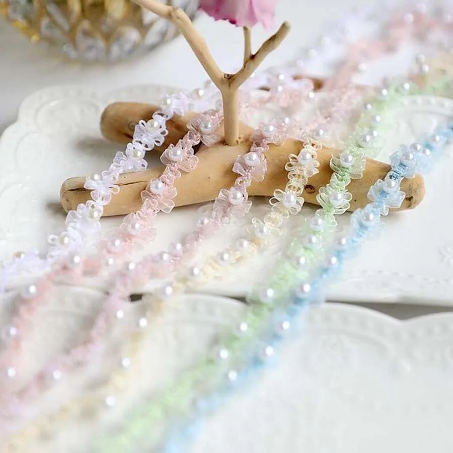 1Yard Beaded Pearl Fringe Ribbon DIY Collar Cuff Garment Lace Applique 1.5CM Wide,Gift Wrapping Christmas Tree Decor