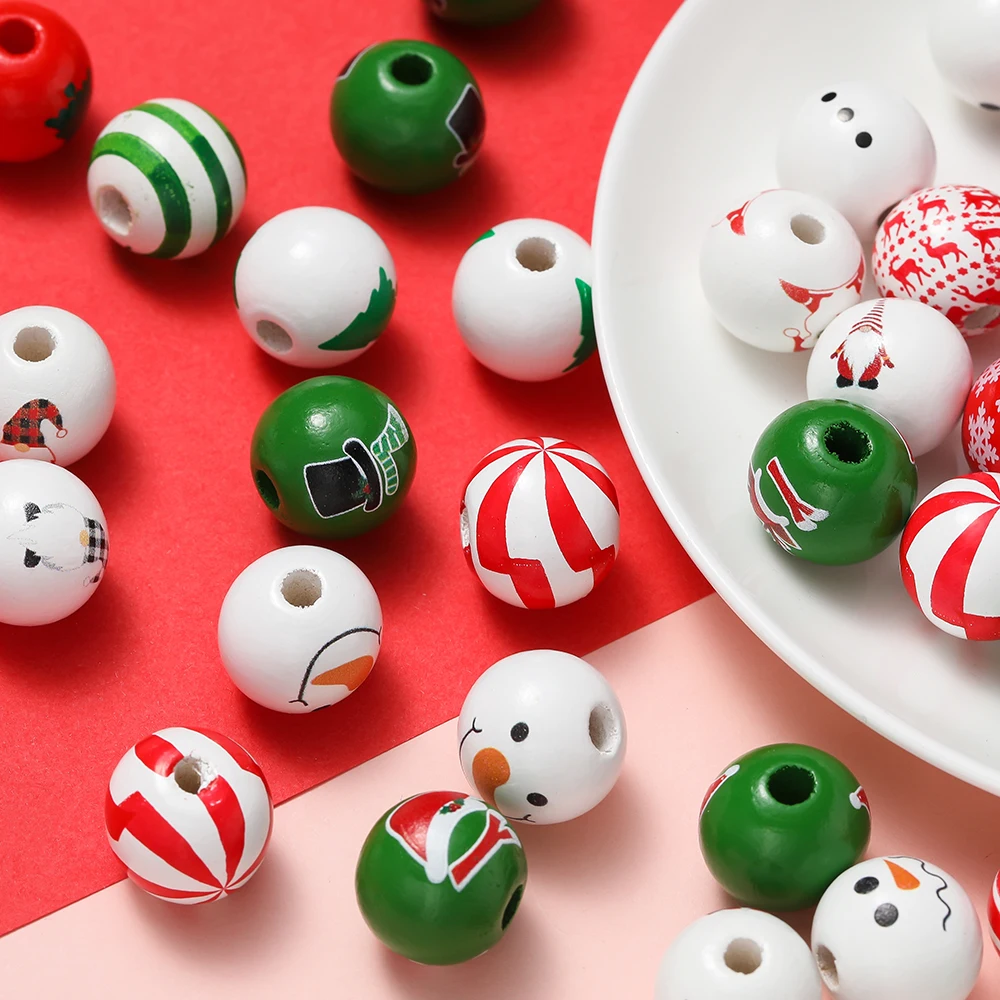 5/10pcs 16mm Wooden Beads Green Snowman Christmas Spacer Beads for DIY Bracelet Keychain Jewelry Making Handmade Accessories