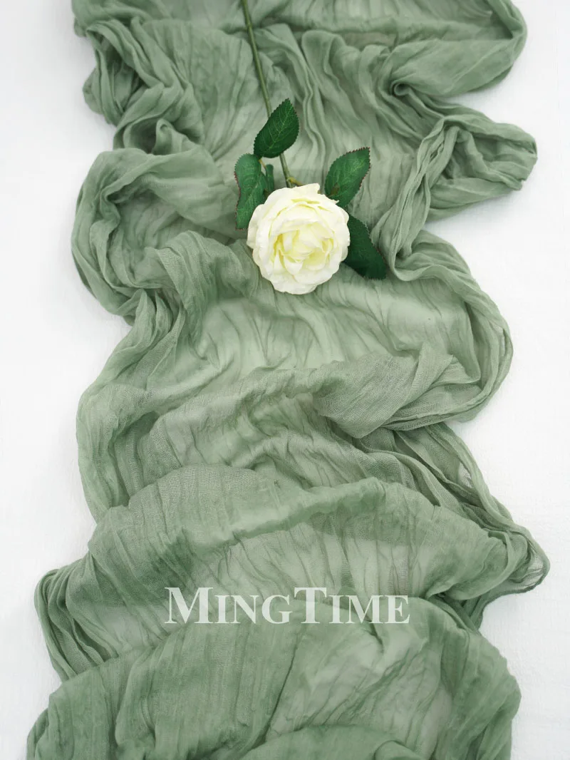 Pleated Table Runner Semi-Sheer Gauze Sage Cheesecloth Table Dining Vintage Wedding Party Bridal Christmas Decoration