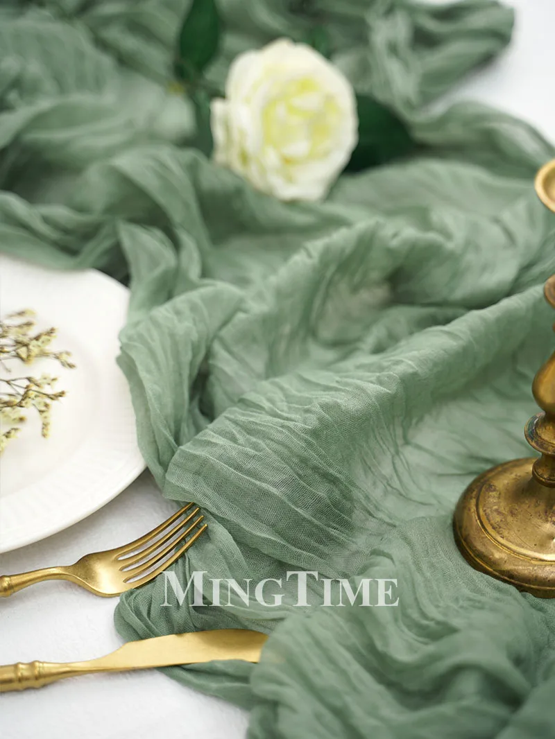 Pleated Table Runner Semi-Sheer Gauze Sage Cheesecloth Table Dining Vintage Wedding Party Bridal Christmas Decoration