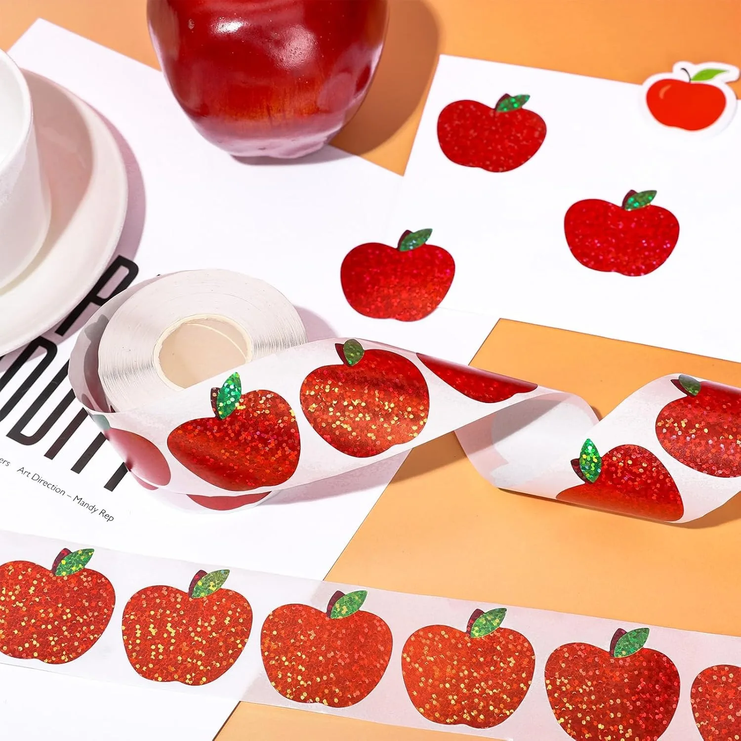 500Pcs Red Apple Stickers Roll 1in Laser Apple Waterproof Decals Christmas Stickers for Party Supplies Envelope Scrapbook Decor