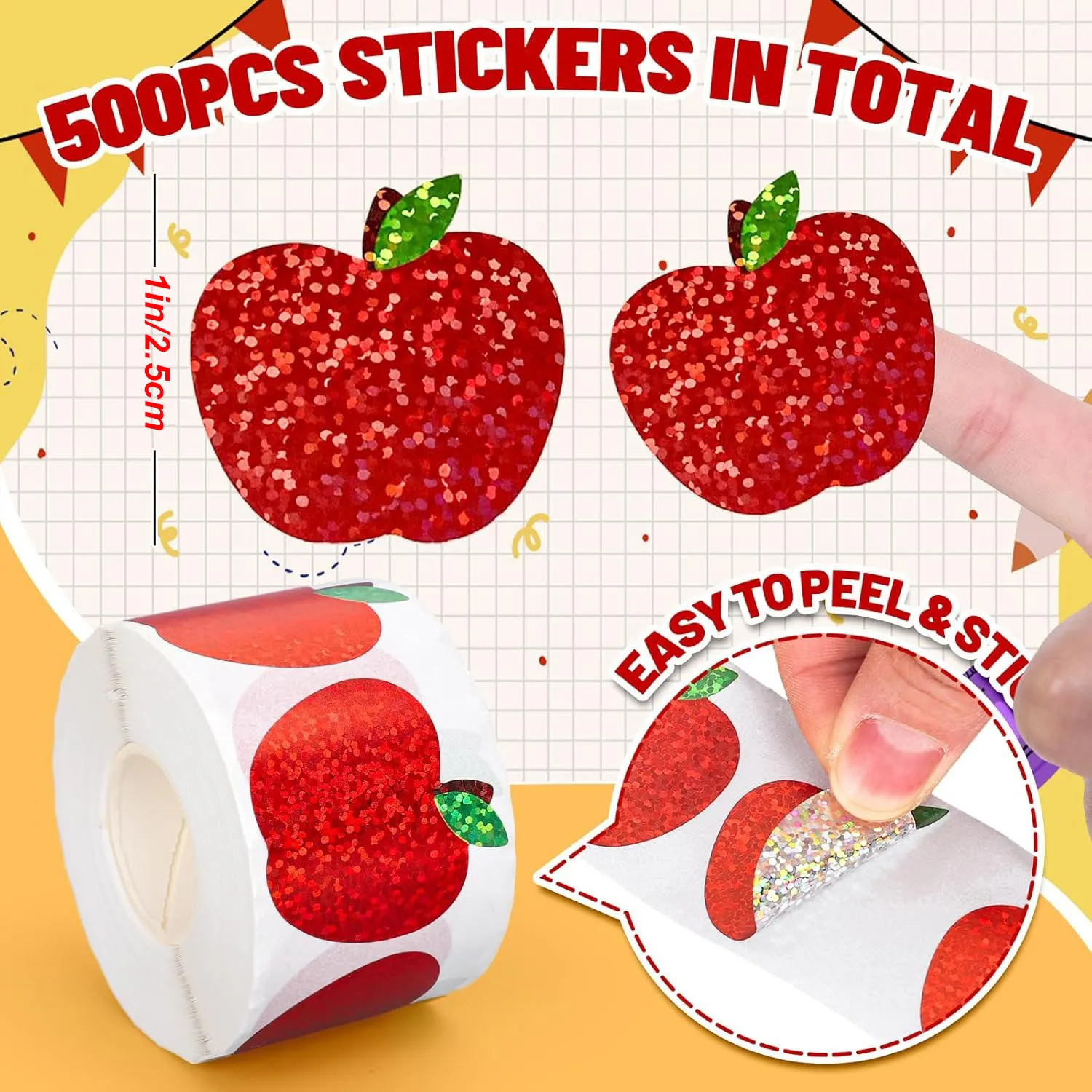500Pcs Red Apple Stickers Roll 1in Laser Apple Waterproof Decals Christmas Stickers for Party Supplies Envelope Scrapbook Decor