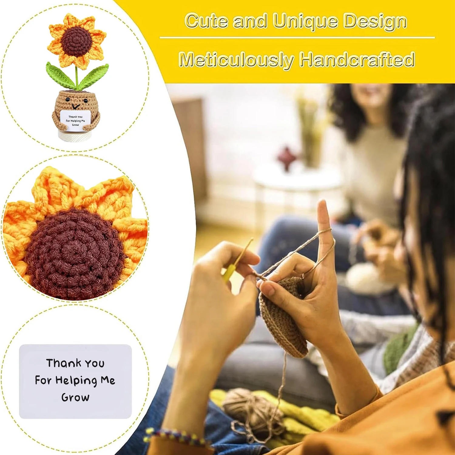1 Piece Crocheted Sunflower Potted Plant Gift, Mini Cute Handmade Emotional Support Desktop Ornament with Positive Card, Room Decoration, Halloween and Christmas Gift