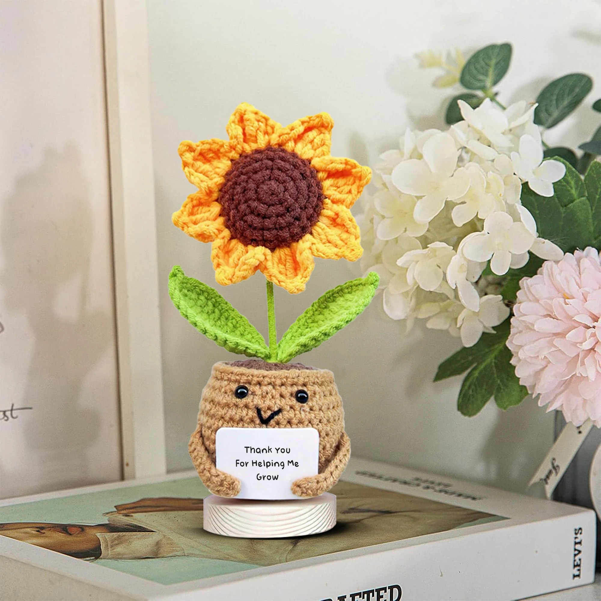 1 Piece Crocheted Sunflower Potted Plant Gift, Mini Cute Handmade Emotional Support Desktop Ornament with Positive Card, Room Decoration, Halloween and Christmas Gift