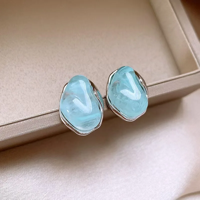 Irregular Smudging Resin Blue Jelly Ice Cute Geometric Bean Stud Earrings for Women Unique Design Party Jewelry Christmas Gift