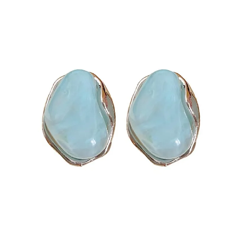 Irregular Smudging Resin Blue Jelly Ice Cute Geometric Bean Stud Earrings for Women Unique Design Party Jewelry Christmas Gift