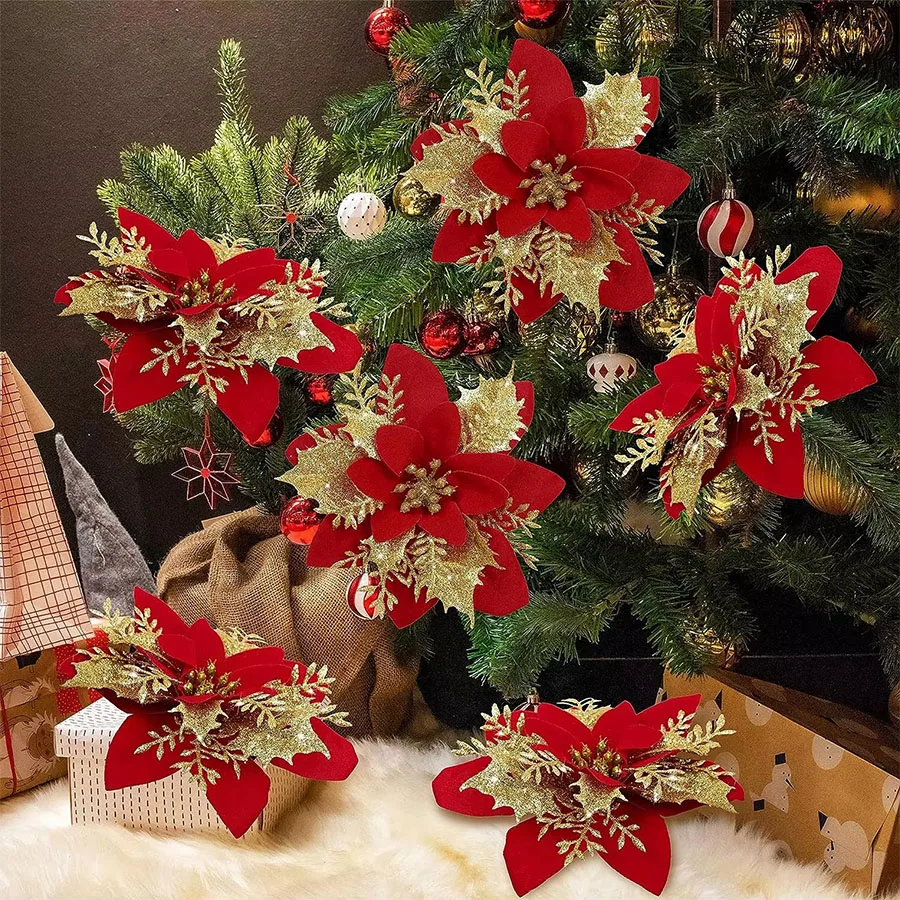 10pcs 14cm Glitter Poinsettia Christmas Artificial Flowers with Clips DIY Xmas Tree Ornaments Wreath Fireplace Decorations