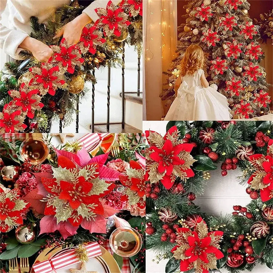 10pcs 14cm Glitter Poinsettia Christmas Artificial Flowers with Clips DIY Xmas Tree Ornaments Wreath Fireplace Decorations