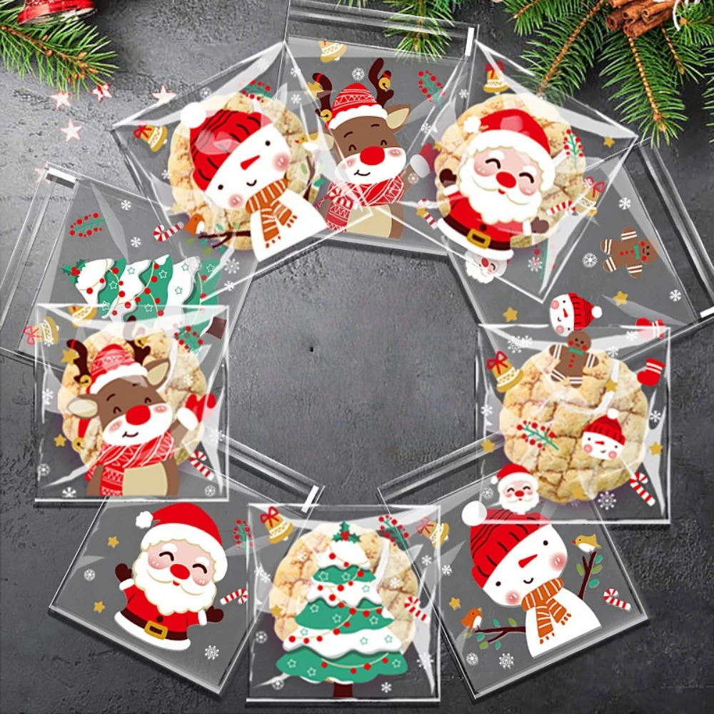 100 Pcs Cartoon Christmas Pattern Gift Bag for Christmas New Year Birthday Party Spring Festival Gift Jewelry Candy Packaging