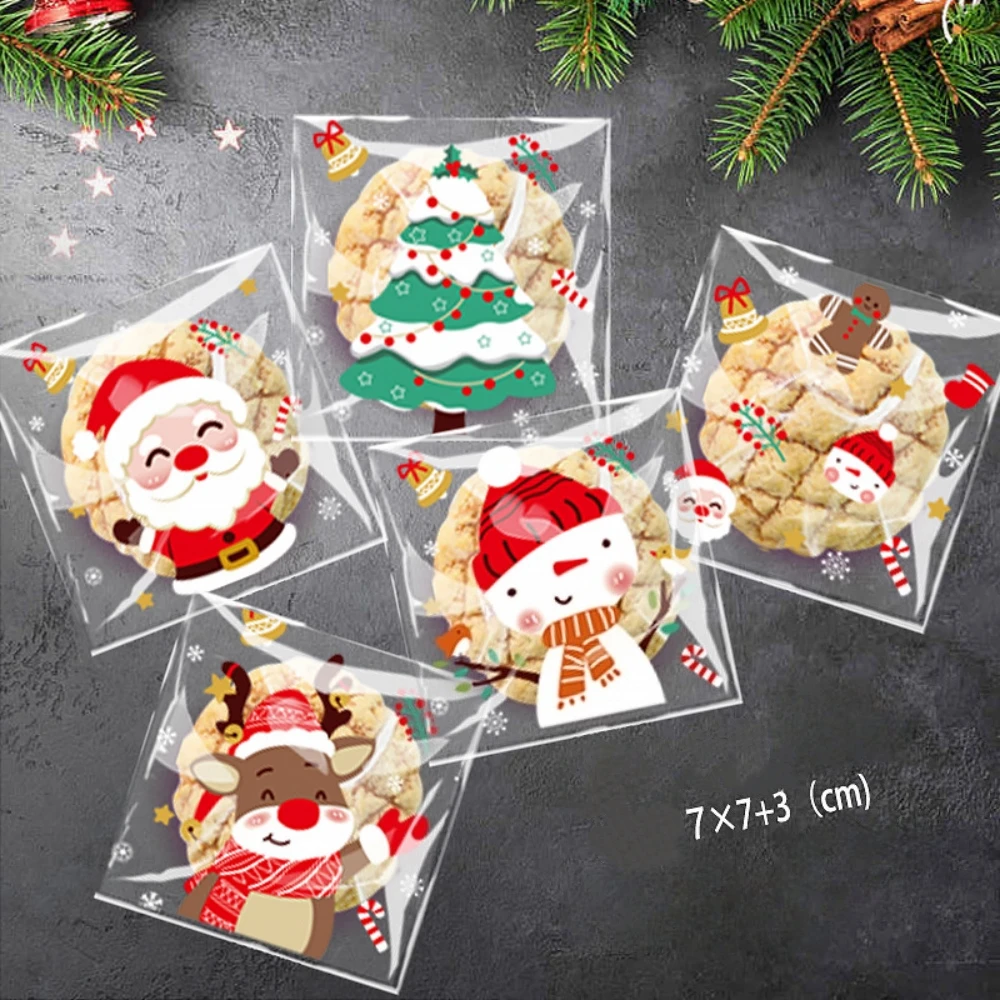 100 Pcs Cartoon Christmas Pattern Gift Bag for Christmas New Year Birthday Party Spring Festival Gift Jewelry Candy Packaging