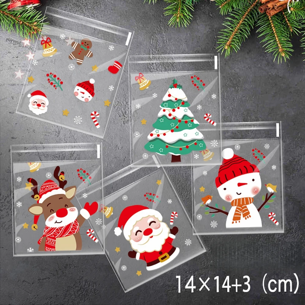 100 Pcs Cartoon Christmas Pattern Gift Bag for Christmas New Year Birthday Party Spring Festival Gift Jewelry Candy Packaging