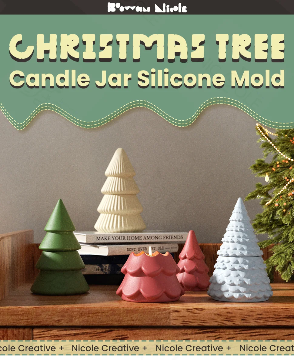Nicole Christmas Tree Candle Jar with Lid Concrete Silicone Mold DIY Handmade Jesmonite and Cement Christmas Mould
