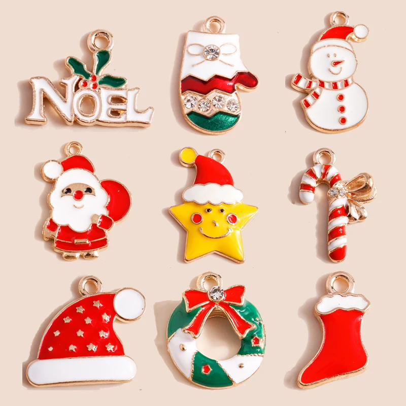 10pcs Mix Enamel Christmas Charms Noel Star Hats Santa Claus Pendants for Diy Jewelry Making Necklace Earring Making Accessories