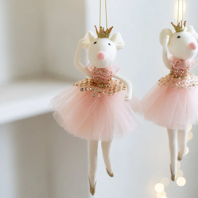 Cute pink mesh skirt golden crown ballet mouse pendant creative New Year and Christmas mouse decoration
