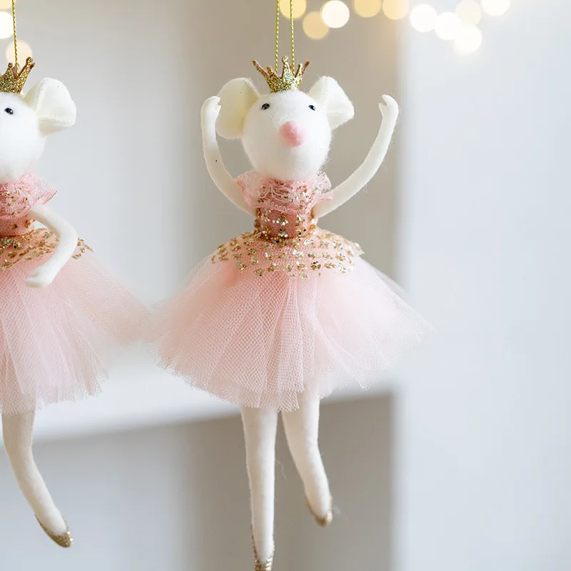 Cute pink mesh skirt golden crown ballet mouse pendant creative New Year and Christmas mouse decoration