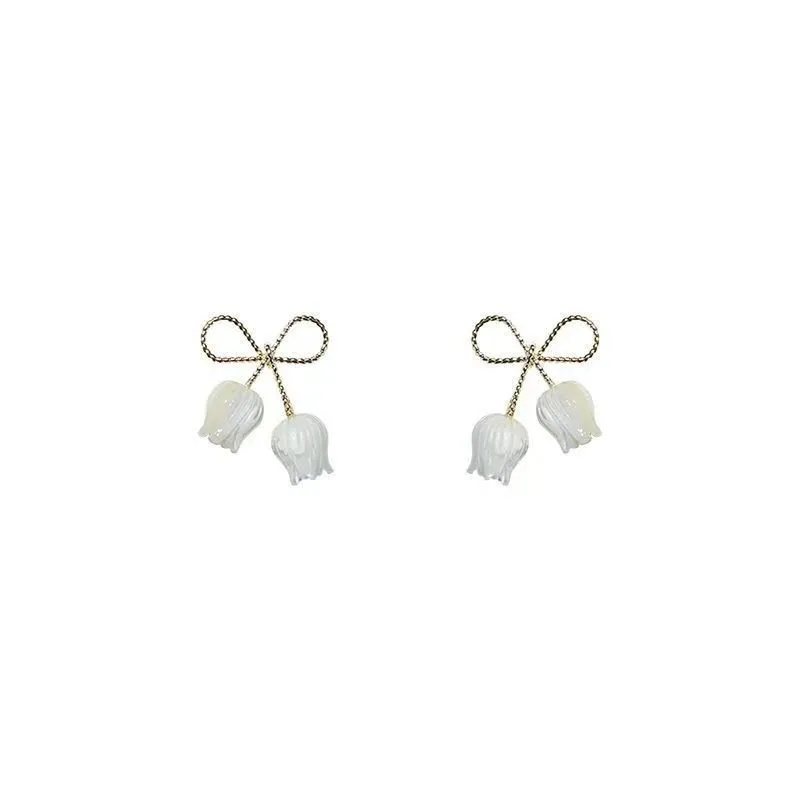 White Color Bowknot Tulip Flower Stud Earrings For Women Brincos Feminino Fashion Rhinestone Jewelry Christmas Girl Friend Gift