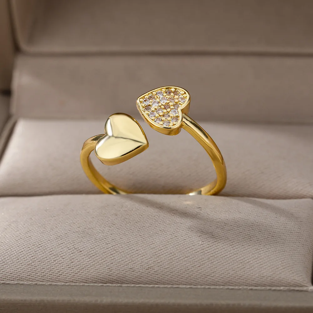 Smooth Double Heart Rings For Women Stainless Steel Zircon Heart Love Ring Adjustable Finger Ring Christmas Jewelry Wedding Gift