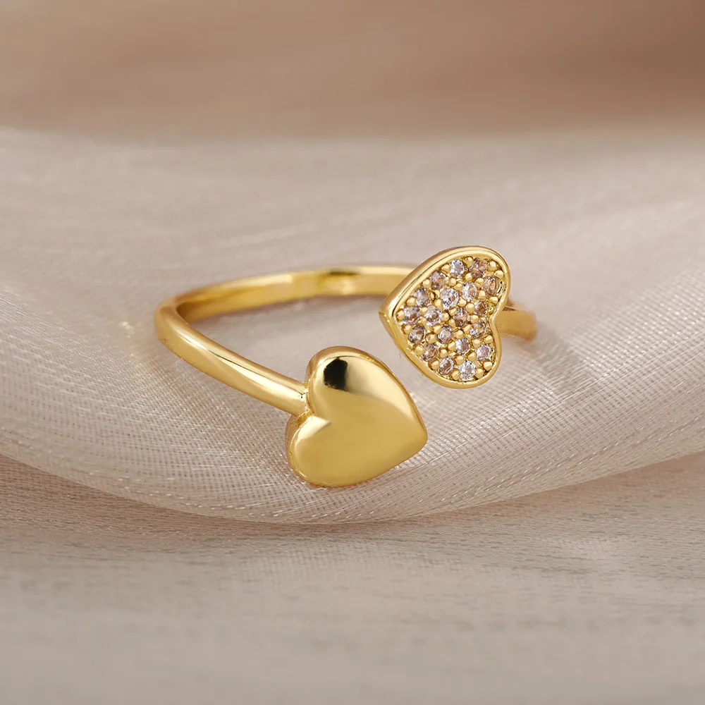 Smooth Double Heart Rings For Women Stainless Steel Zircon Heart Love Ring Adjustable Finger Ring Christmas Jewelry Wedding Gift