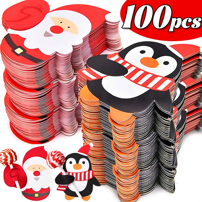 Christmas Lollipop Paper Cards Cartoon Santa Claus Penguin Snowman Kids Candy Gifts Package Wrapping New Year Party Decoration