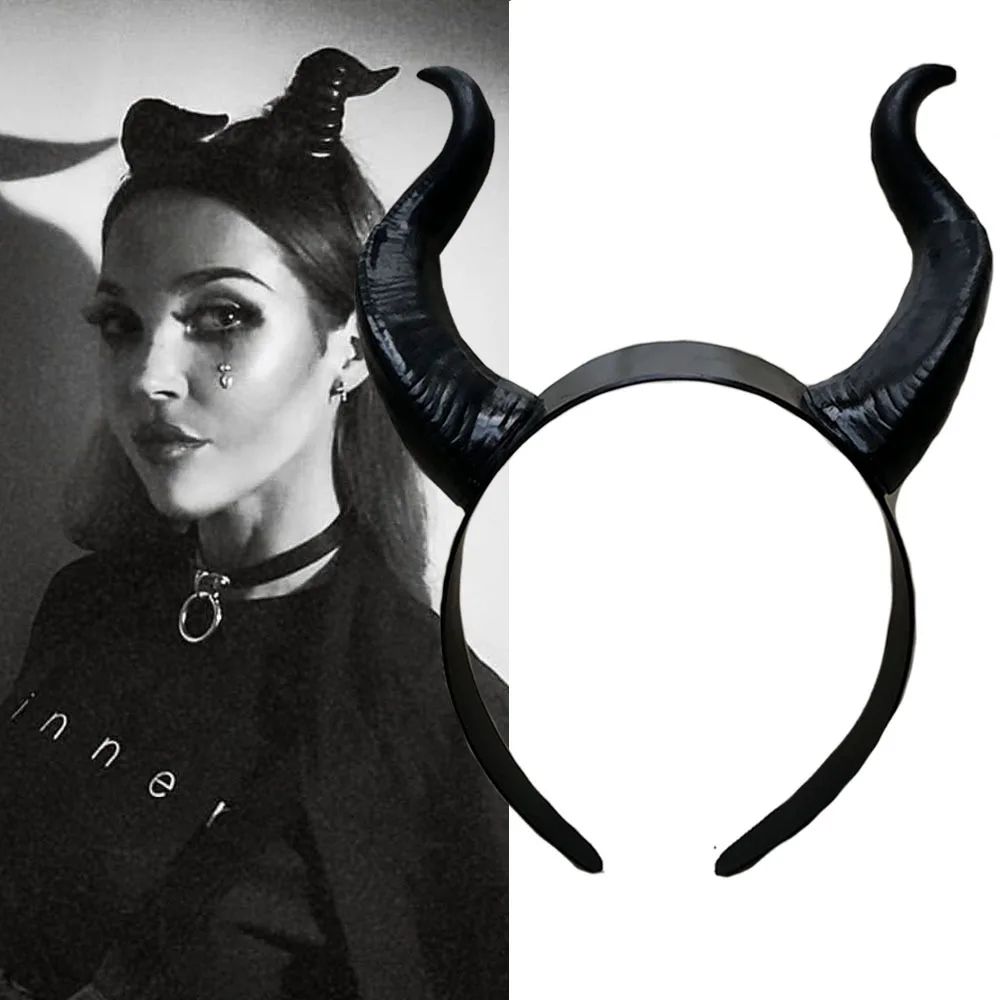 Women Black Queen Witch Demon Horns Headpiece Cosplay Animal Antelope Devil Headdress Christmas Halloween Party Costume Headband