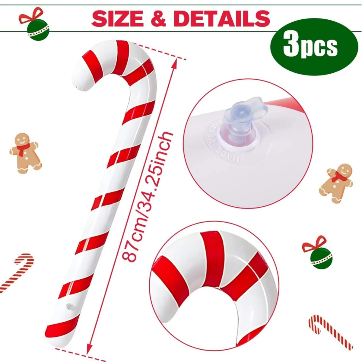 1-10PCS 35 Inch Inflatable Christmas Candy Cane for Christmas Decorations, Outdoor Holiday Decorations Christmas New Year Gifts
