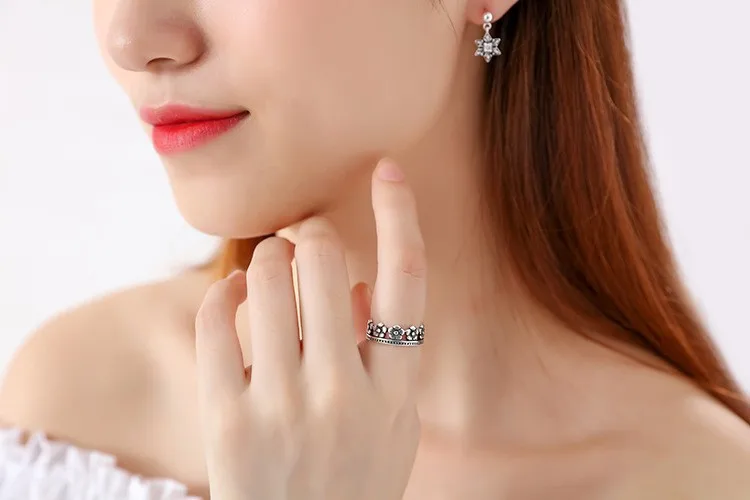 New Exquisite Retro 925 Sterling Silver Jewelry Corolla Female Christmas Gift Crown Flower Personality Opening Rings R234