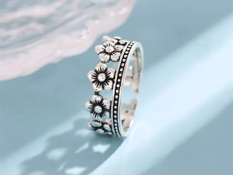 New Exquisite Retro 925 Sterling Silver Jewelry Corolla Female Christmas Gift Crown Flower Personality Opening Rings R234