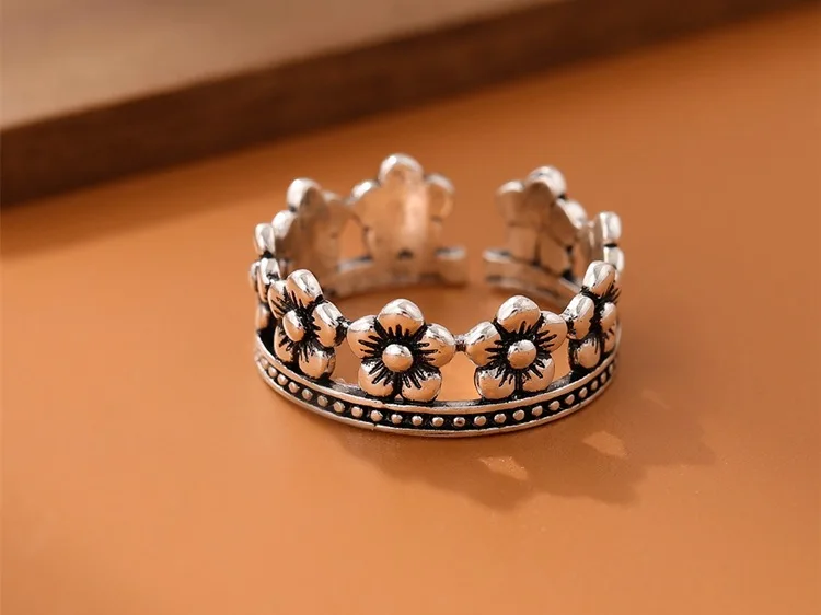 New Exquisite Retro 925 Sterling Silver Jewelry Corolla Female Christmas Gift Crown Flower Personality Opening Rings R234