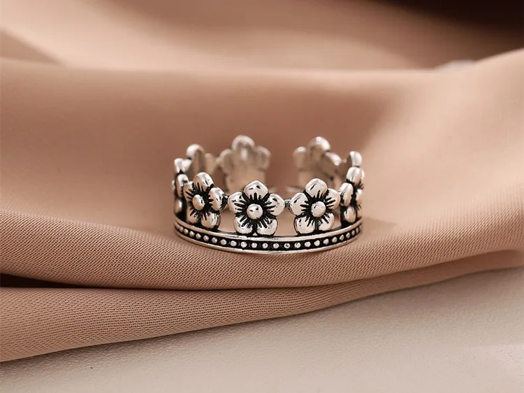 New Exquisite Retro 925 Sterling Silver Jewelry Corolla Female Christmas Gift Crown Flower Personality Opening Rings R234