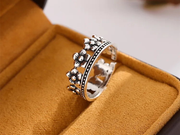 New Exquisite Retro 925 Sterling Silver Jewelry Corolla Female Christmas Gift Crown Flower Personality Opening Rings R234