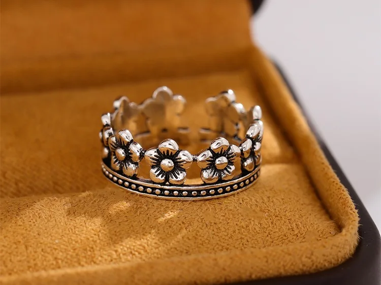 New Exquisite Retro 925 Sterling Silver Jewelry Corolla Female Christmas Gift Crown Flower Personality Opening Rings R234