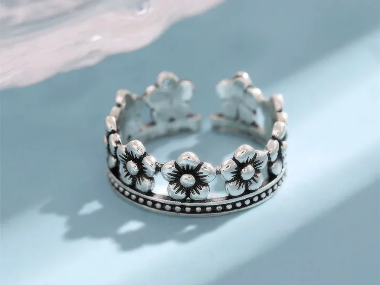 New Exquisite Retro 925 Sterling Silver Jewelry Corolla Female Christmas Gift Crown Flower Personality Opening Rings R234