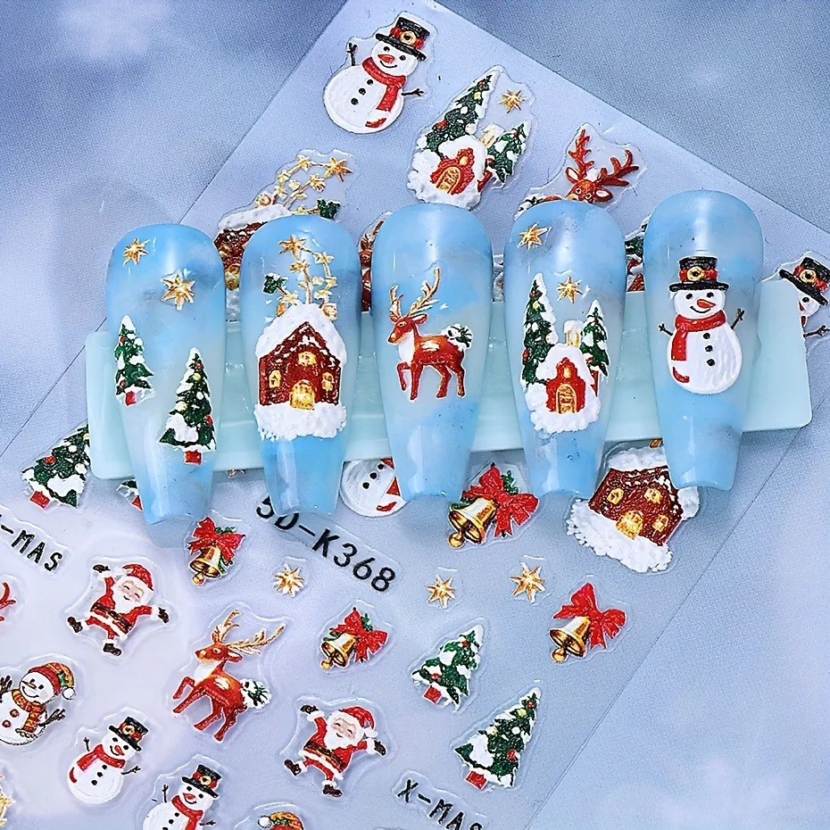 2PCS Winter Christmas relief nail stickers, easy to apply for nail decoration DIY、Gifts, parties, and wedding makeup and styling