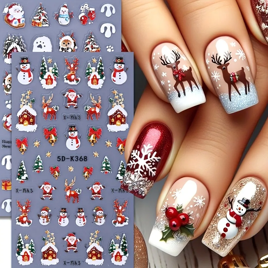 2PCS Winter Christmas relief nail stickers, easy to apply for nail decoration DIY、Gifts, parties, and wedding makeup and styling