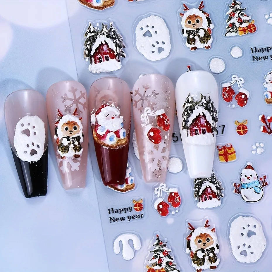 2PCS Winter Christmas relief nail stickers, easy to apply for nail decoration DIY、Gifts, parties, and wedding makeup and styling